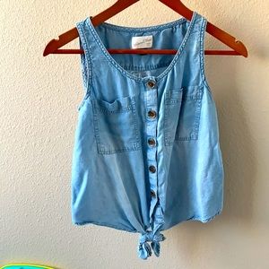 Chambray Button Up Tank Top with Tie in Front